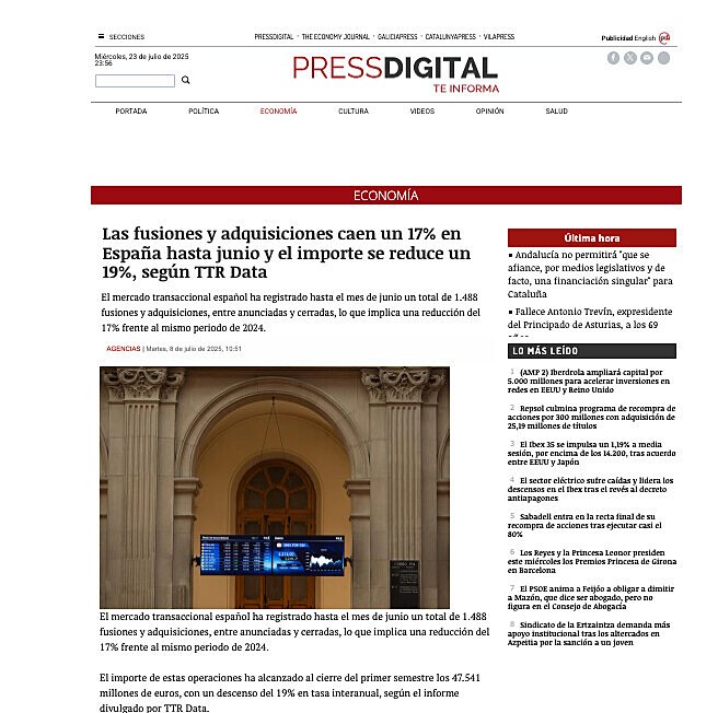 Las fusiones y adquisiciones caen un 17% en Espaa hasta junio y el importe se reduce un 19%, segn TTR Data